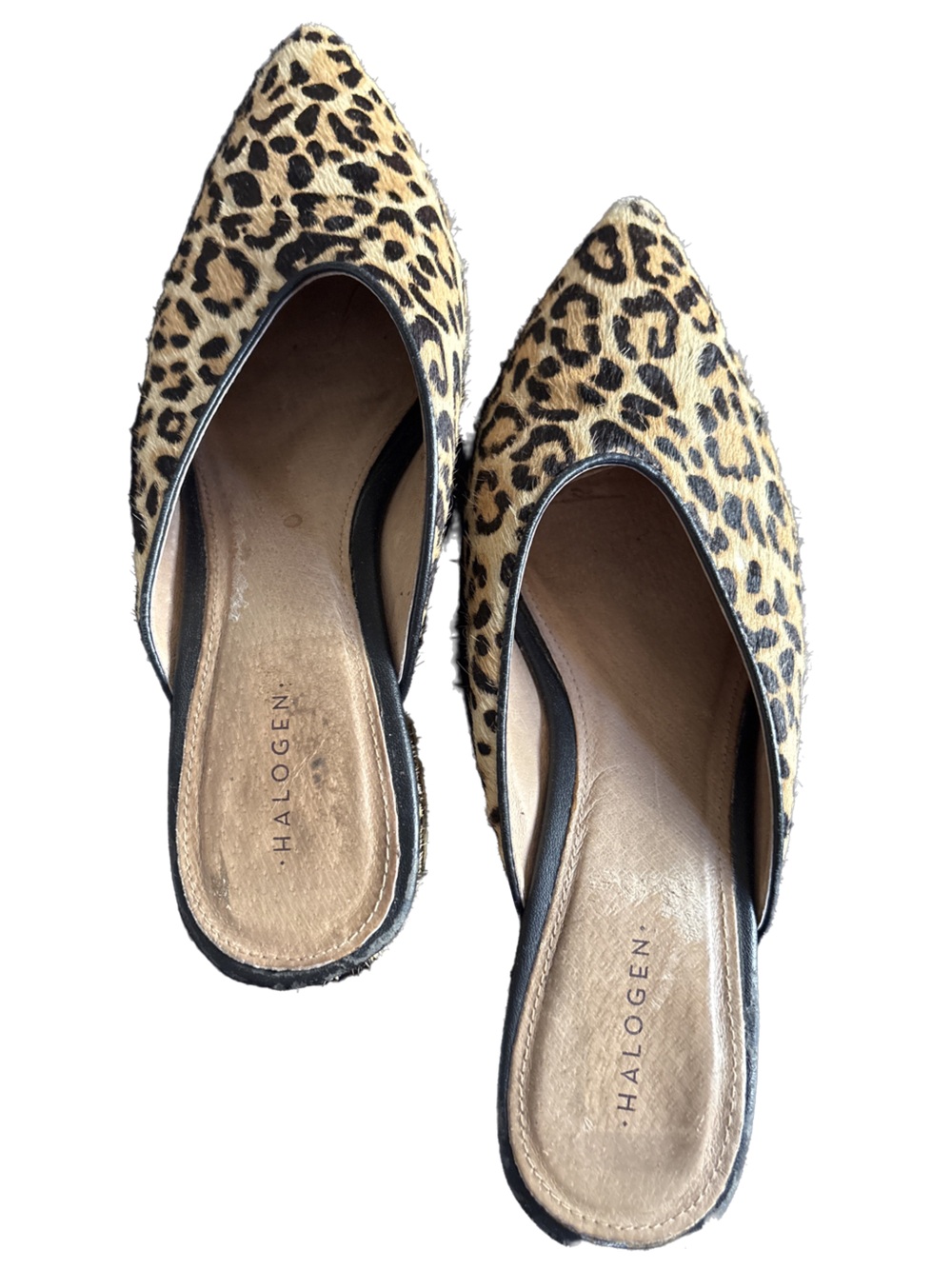 Halogen Leopard-Print Pointed Toe Mules in Tan and Black